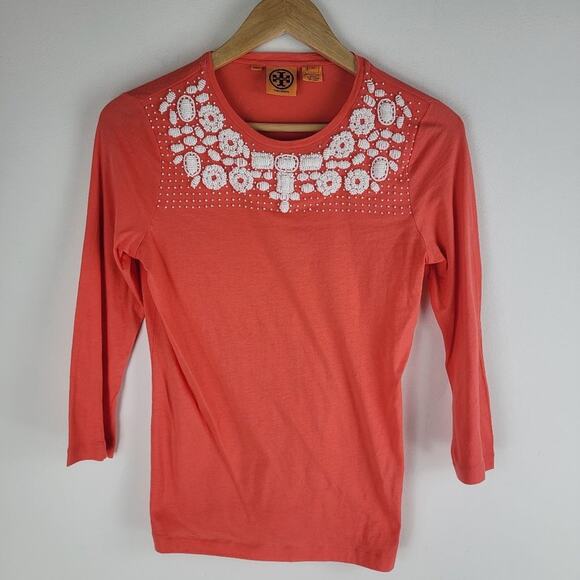 Tory Burch Embellished Long Sleeve Blouse Pink Crew Neck Size XS - Picture 1 of 5